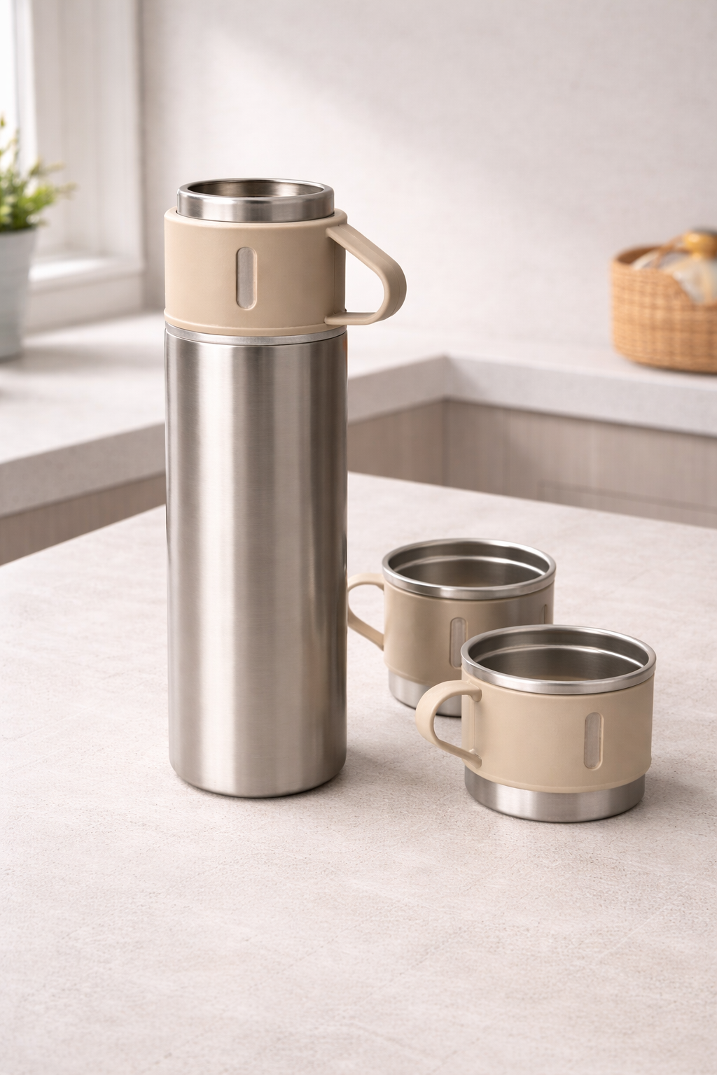 Vacuum Thermos Set – Stainless Steel (500ml + 2 Cups)